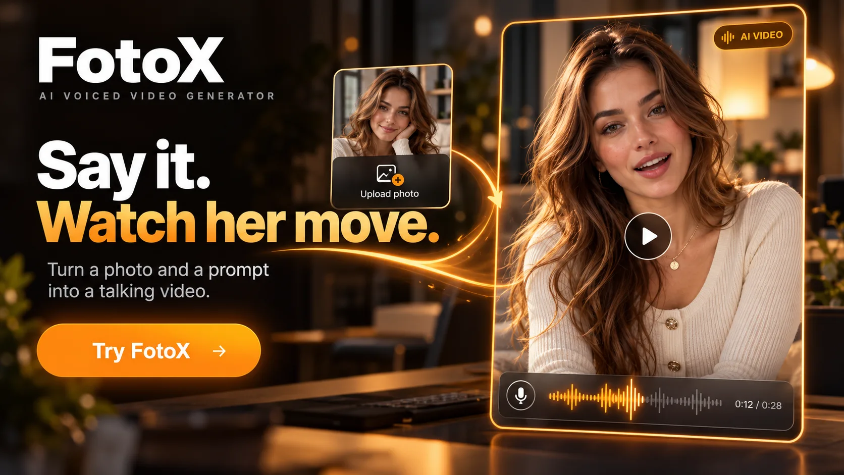 FotoX promotional artwork showing an adult beside a video panel