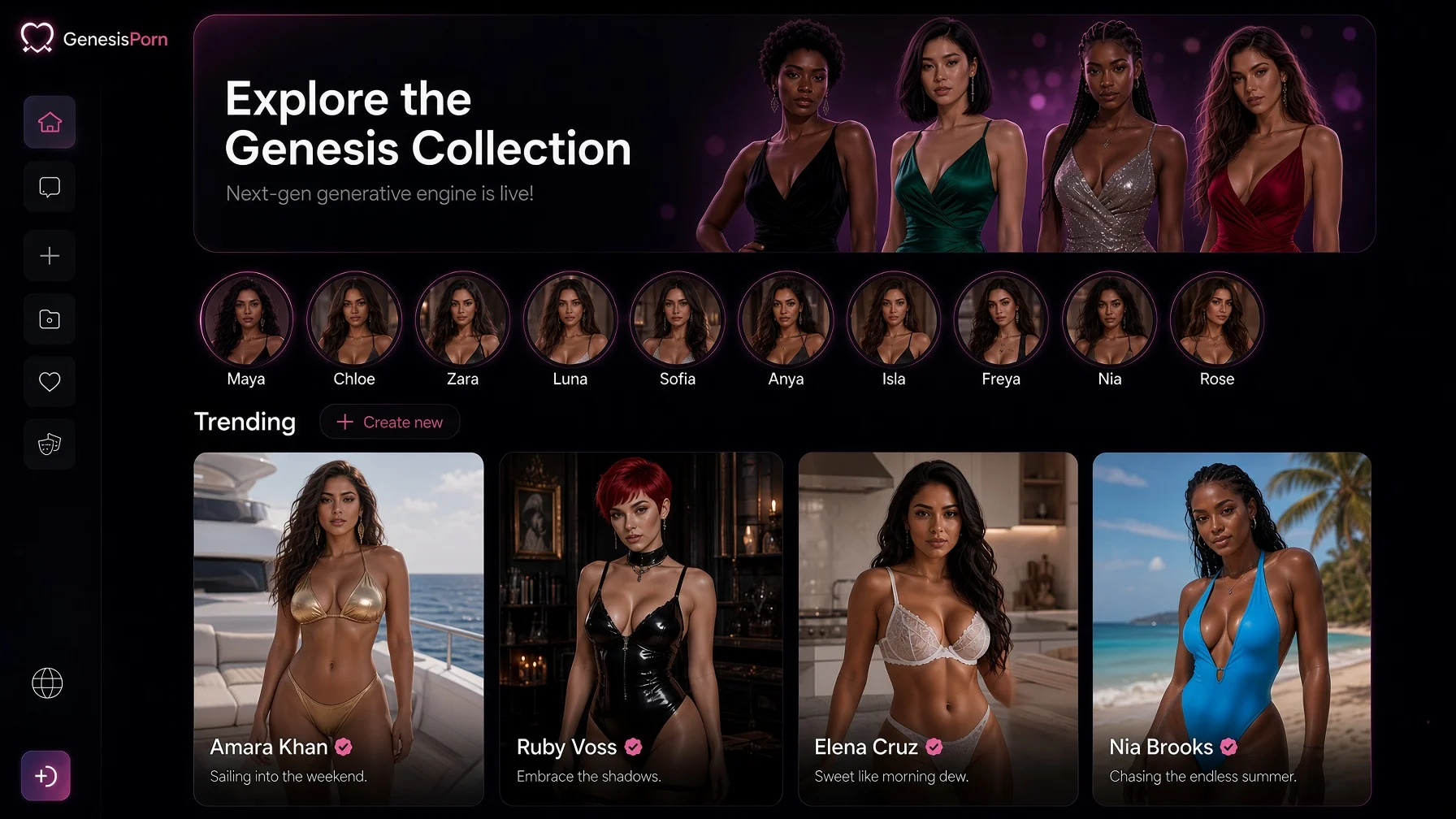 GenesisPorn interface mockup showing the Genesis collection and eighteen non-explicit adult models in a dark gallery