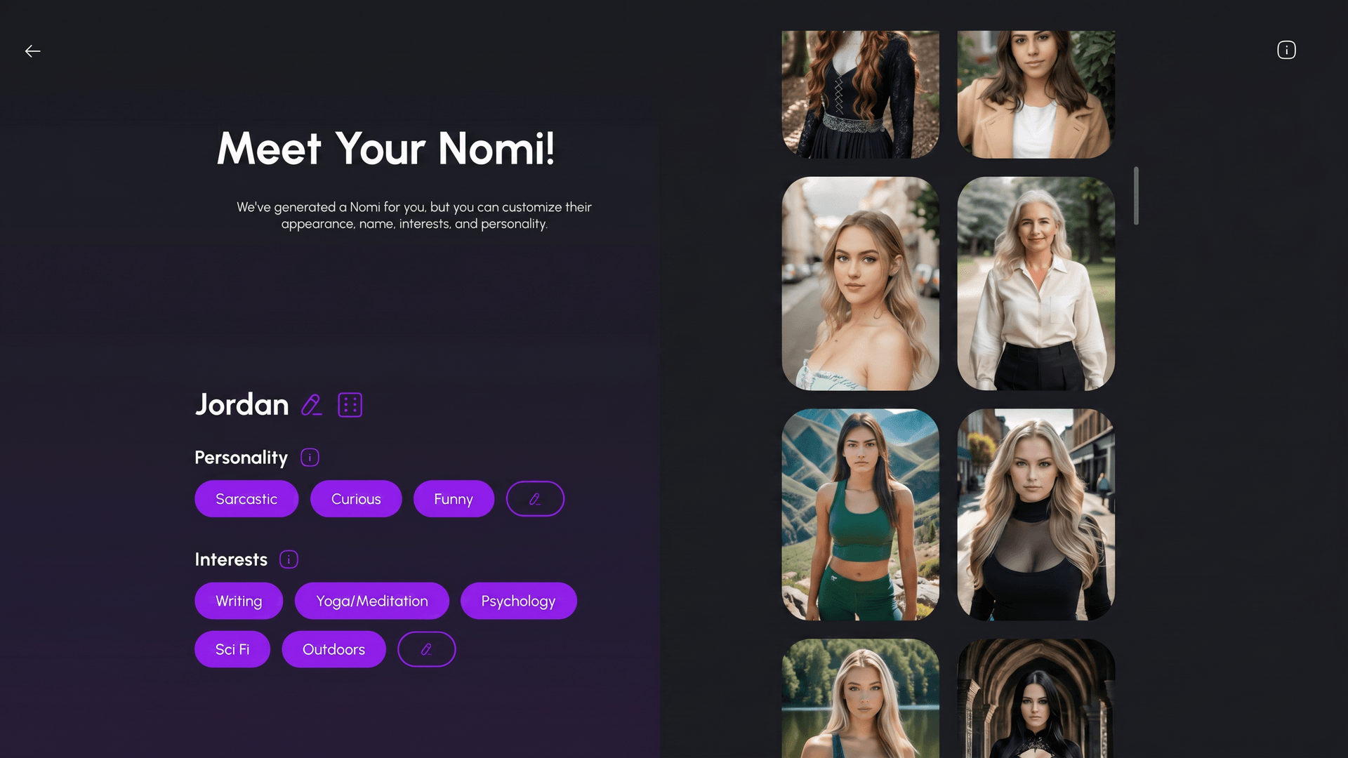 Nomi AI companion creation screen with appearance, personality, and interests controls