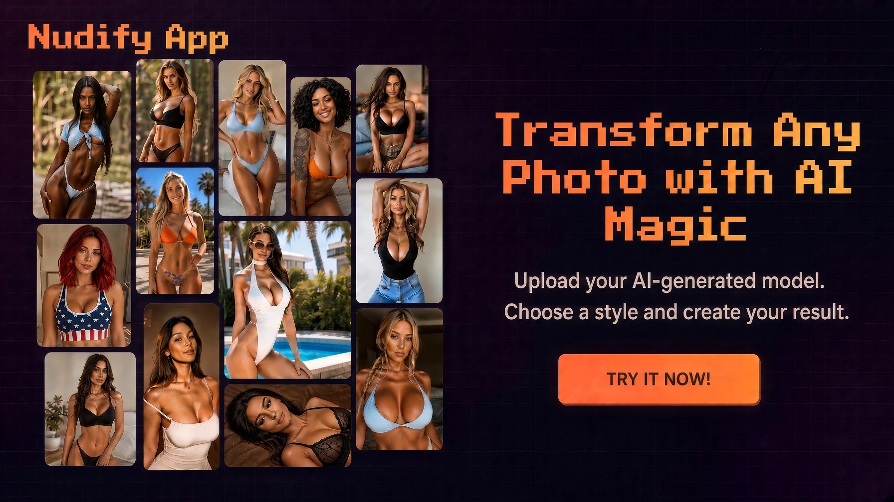 Nudify App graphic with a collage of adult-model portraits and the text Transform Any Photo with AI Magic