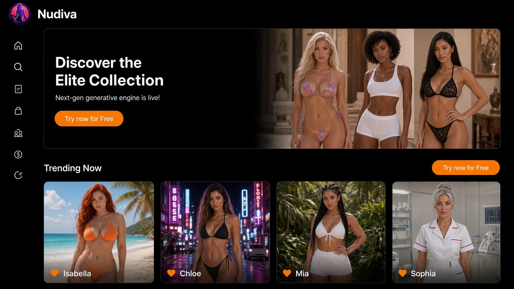Nudiva interface mockup showing the Elite Collection and seven non-explicit adult models in a dark gallery